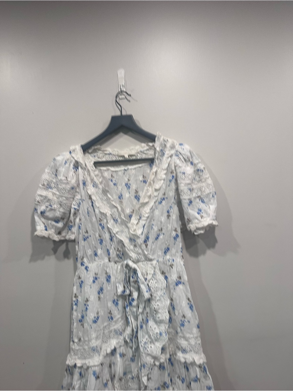 LoveShackFancy White Floral Midi Dress with Blue Accents